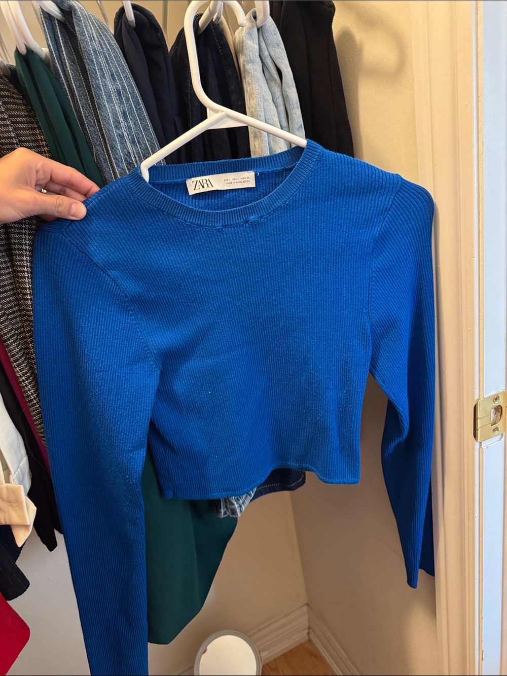 Zara Cobalt Blue Ribbed Long Sleeve Cropped Top